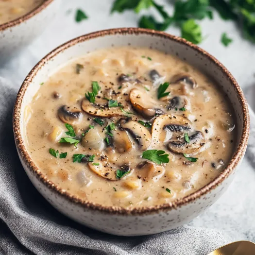 A bowl full of mushrooms and fresh greens floating in soup.