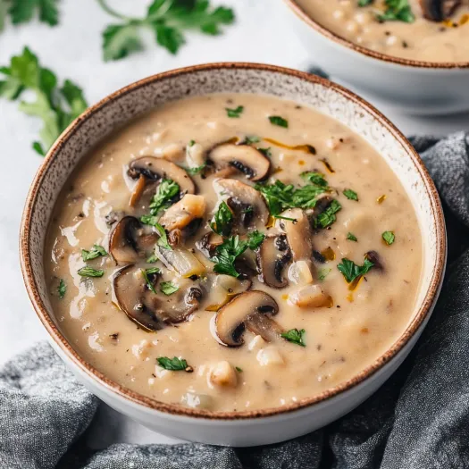 A bowl full of mushrooms and fresh greens floating in soup.