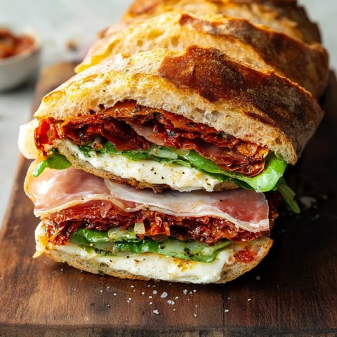 A stacked sandwich with various meats and cheese on a wooden surface.