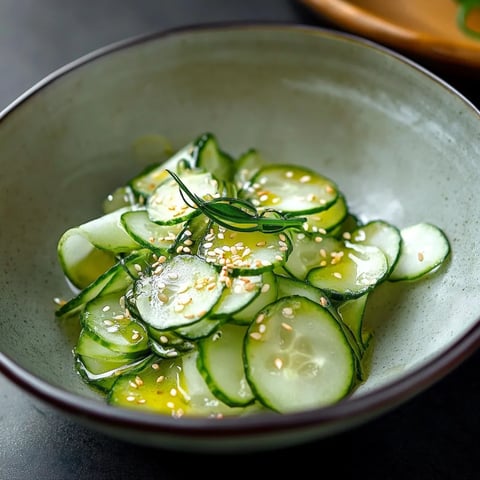 A bowl of cucumber slices with sesame seeds on a table.