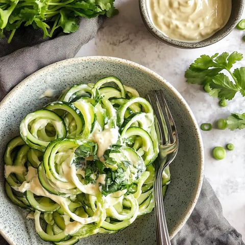 A serving of cucumber noodles with tahini sauce on a plate.