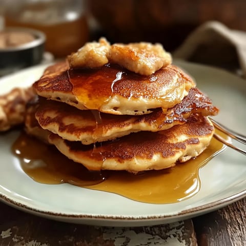 A towering pancake stack with syrup dripping over.
