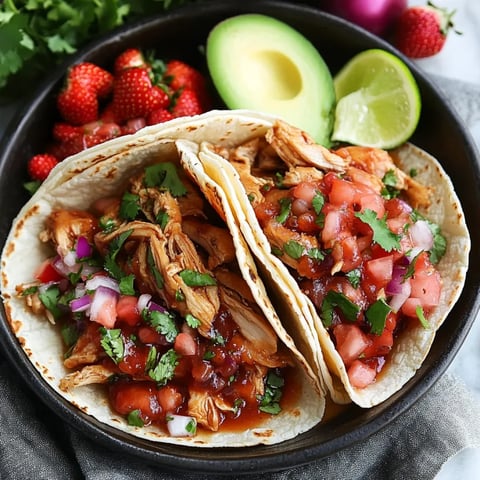 Tacos filled with chicken and strawberry salsa in a bowl.