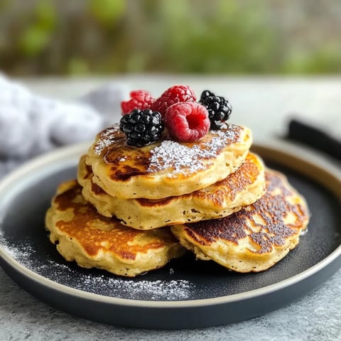 Stacks of pancakes covered in berries and syrup.