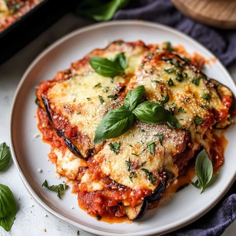 Delicious cheesy eggplant on a plate with basil.