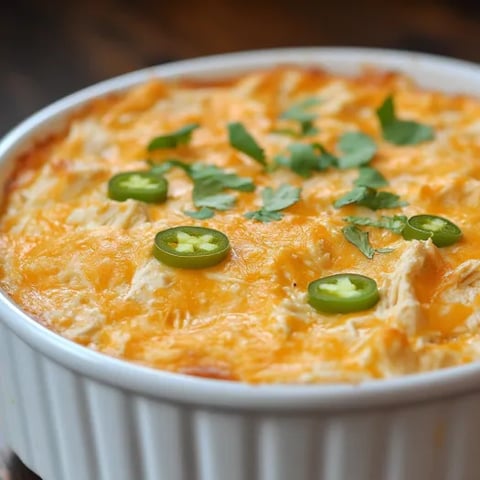 Cheesy chicken taco dip in a white bowl.