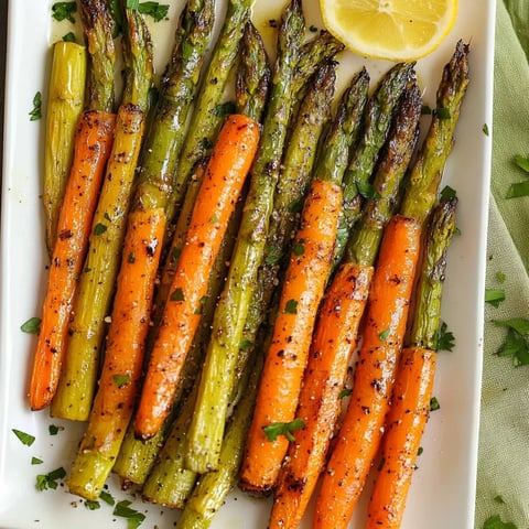 Plate filled with bright carrots, lemon slices, and asparagus.