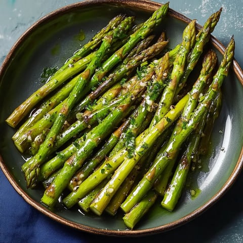 A plate with green asparagus sprinkled with seasonings.