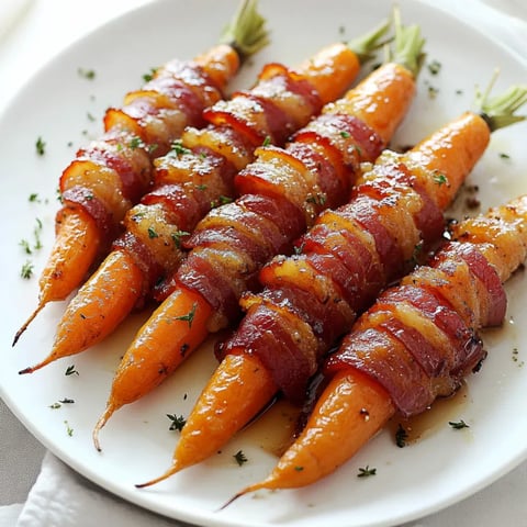 Carrots with bacon strips on a plate.