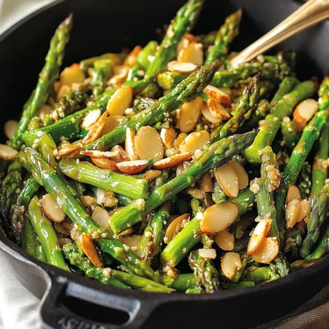 A bowl filled with asparagus and almonds, topped with cheese.