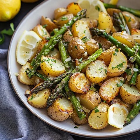 A plate stacked with potatoes, lemon slices, and bright asparagus.